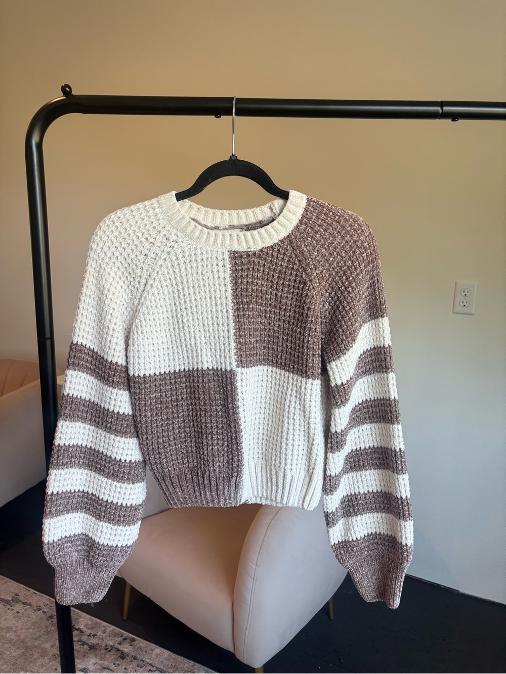 Altar'd State Cream & Brown Colorblock Waffle Knit Pullover
